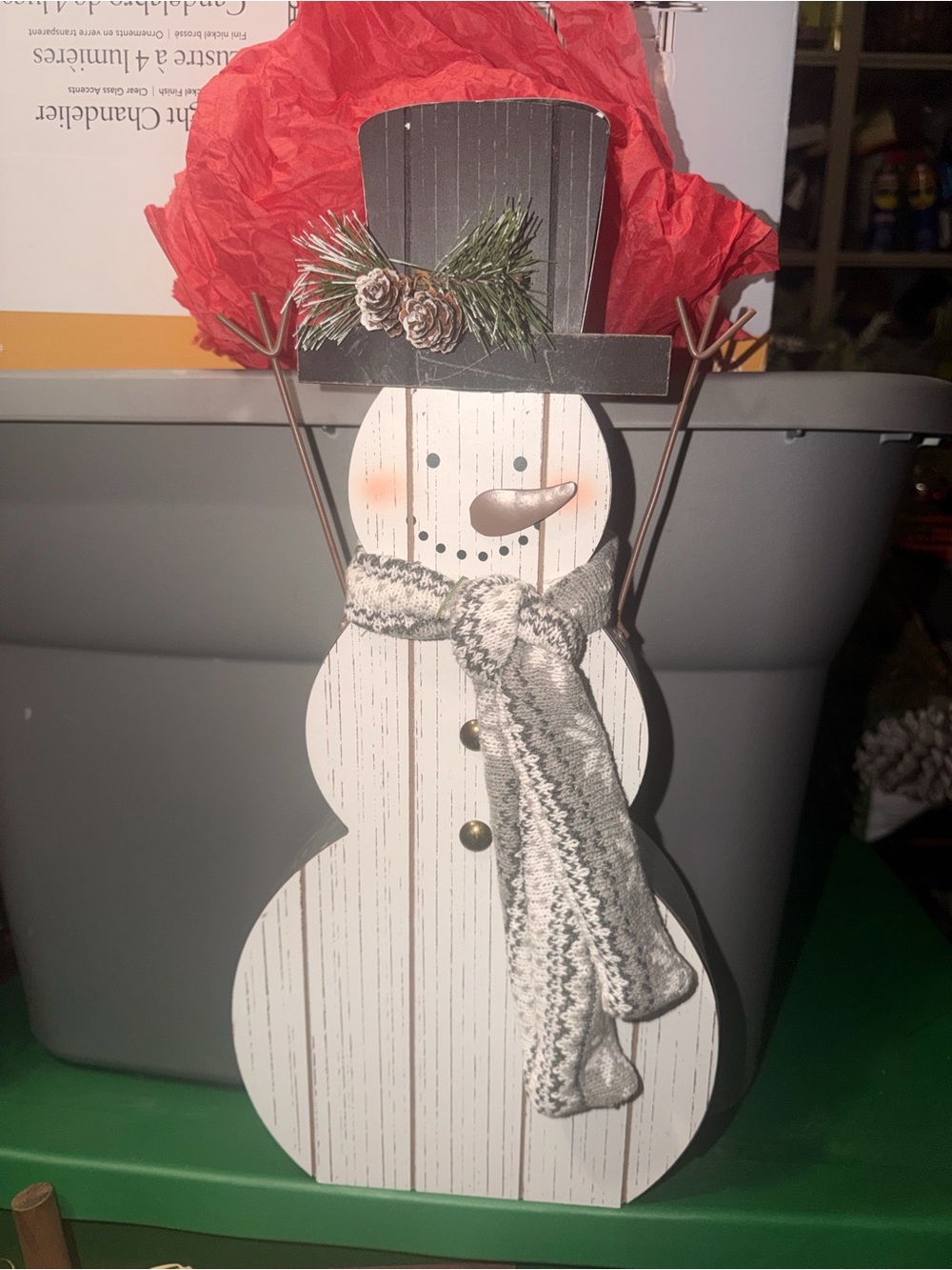 Hobby Lobby White Wooden Snowman with Gray Scarf and Black Top Hat